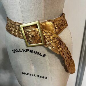 Vintage Caché Gold Leather Braided Belt with  Wide Gold Belt Buckle Size Medium